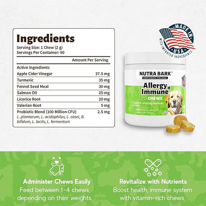 Allergy + Immune Chews for Dogs | Seasonal Allergies | Itch Support | Stop Pawlicking | Digestion | Apple Cider Vinegar & Turmeric | Salmon Oil | Licorice & Valerian Root | 90 Chews