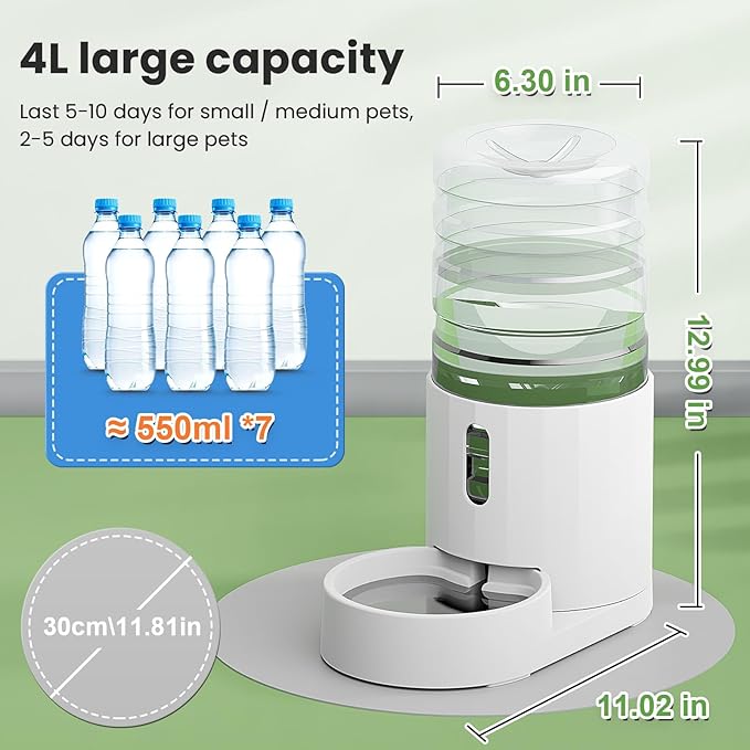 Pet Water Dispenser 4L with Placemat and Visible Window, Automatic Cat & Dog Water Dispenser, Pet Water Bowl, Stable Noiseless and Easy-Cleaning