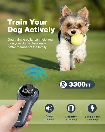 2-in-1 Dog Shock Collar & Dog Bark Collar - Smart Anti Barking Dog Training Collar with 5 Adjustable Sensitivity & 3300FT Remote for All Breeds IP67 Waterproof E-Collar