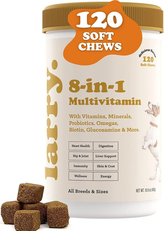 8-in-1 Multivitamin Dog Supplement by Larry | Heart, Digestion, Liver, Skin, Coat, & Joint Support Supplement for Dogs | with Vitamins, Minerals, Omegas, & Glucosamine Chondroitin | 120 Soft Chews