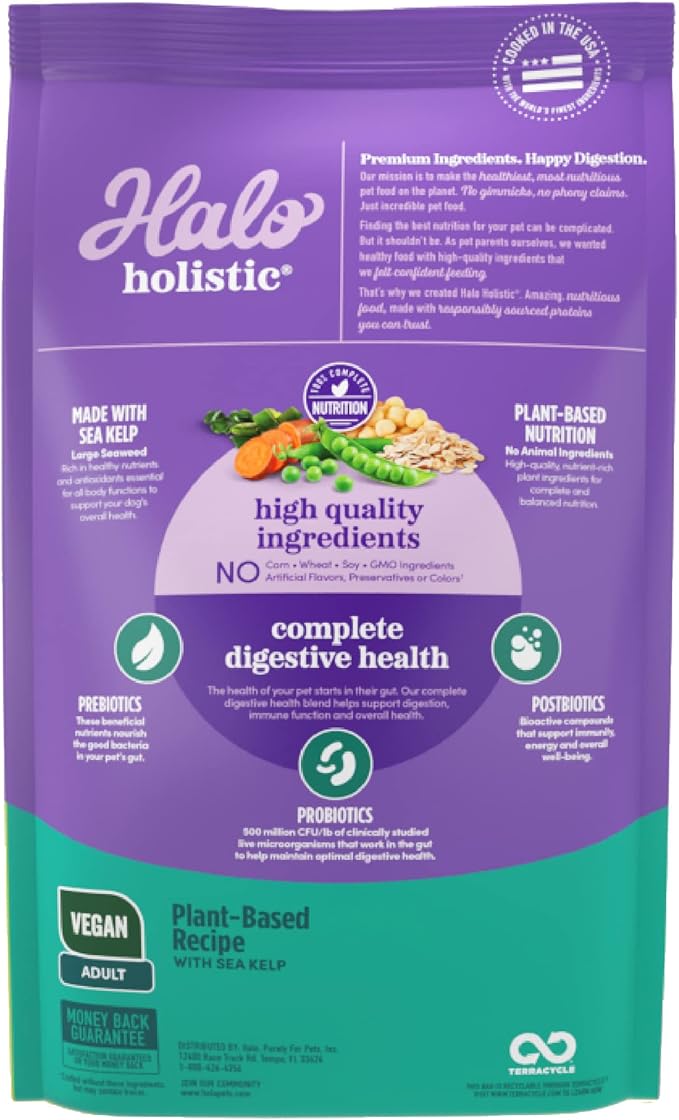 Halo Holistic Plant-Based Recipe with Kelp, Complete Digestive Health, Vegan Dry Dog Food Bag, Adult Formula, 21-lb Bag