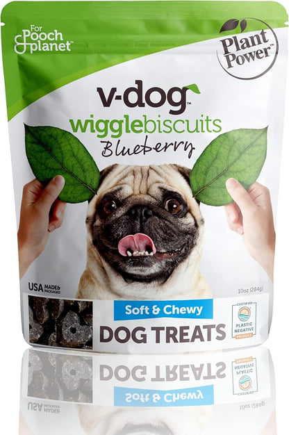 V-dog Vegan Soft and Chewy Wiggle Dog Biscuits - Dog Training Treats - Small, Medium and Large Breeds - Natural Blueberry Flavor Superfoods - 10 ounce - All Natural - Made in The USA