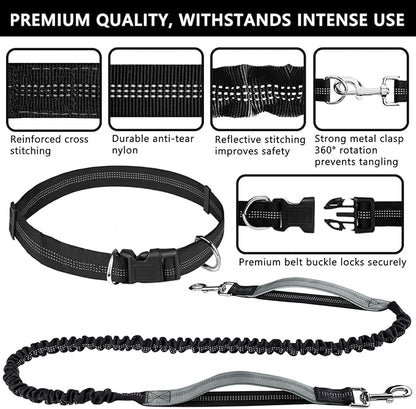 Hands Free Dog Leash, Waist Dog Running Leash for Medium to Large Dogs, Retractable Bungee Hands Free Leash for Walking Jogging Training Hiking, Adjustable Waist Belt, Dual Handle