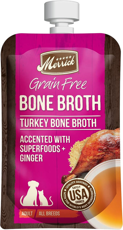 Merrick Grain Free Bone Broth, Premium Human Grade And Gluten Free Dog And Cat Food Topper Pouches, Turkey - 7 oz. Pouch
