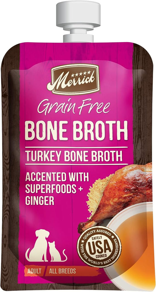 Merrick Grain Free Bone Broth, Premium Human Grade And Gluten Free Dog And Cat Food Topper Pouches, Turkey - 7 oz. Pouch