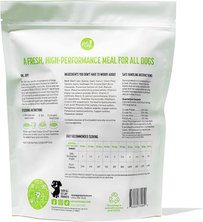 Gut Health Fresh Freeze Dried Raw Meal, Beef Recipe, 16 Ounce Bag, Dog Food for Dogs of All Breeds and Life Stages, USDA Beef, Made in USA