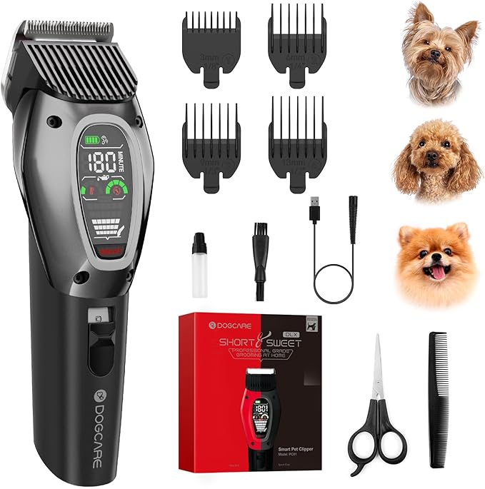 DOG CARE Smart Dog Clippers, Cordless Dog Grooming Clipper Kit with Heatproof Blades, LED Display, 3 Speeds, Auxiliary Light, Rechargeable Heavy-Duty Professional Pet Hair Trimmer Shaver for Dog Cat