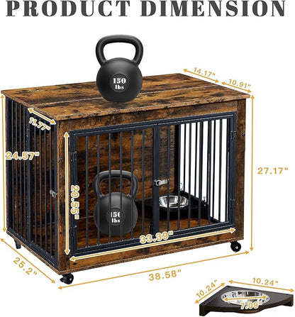 39 Inch Large Wooden Dog Crate Furniture with 180° Rotatable Bowl, Brown Multi-Functional Dog Crate End Table with Wheels, Furniture Dog Crate for Large Dogs with Flip-up Top Opening