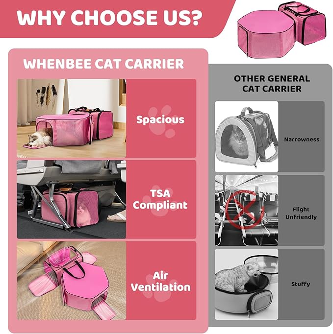 Cat Carrier, Detachable Pet Carrier Airline Approved, 18"x13.4"x11.8" Large Expandable Space 3 in 1 Soft Sided Small Dog Travel Bag, Rabbit Cat Kennel, Pet Mobile Tent Outdoors Indoors (Pink)