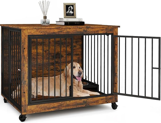 39 Inch Large Wooden Dog Crate Furniture with 180° Rotatable Bowl, Brown Multi-Functional Dog Crate End Table with Wheels, Furniture Dog Crate for Large Dogs with Flip-up Top Opening