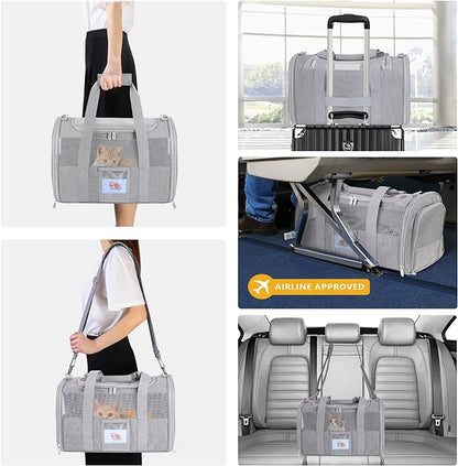 Pet Carrier Airline/TSA Approved Small Dogs, Kitten, Carriers for Small Medium Cats Under 15lb, Collapsible Soft Sided Cat Travel Carrier-Grey