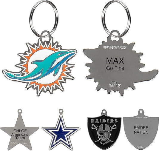 NFL Miami Dolphins Engraving Pet ID Tags in 32 Team Logo Shapes Personalized Dog Tags and Cat Tags with 3 Lines of Customizable Text for Tracking & Safety. Stainless Steel Pet ID Tracking Tags