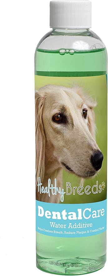 Healthy Breeds Dog Dental Care Water Additive for Saluki - Helps Freshen Breath, Reduce Plaque & Control Tartar - Mint Flavor - 8 oz