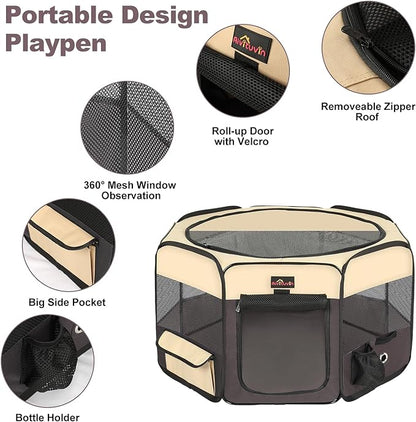 Dog Playpen, Cat Playpen - Foldable Pet Playpen with Carrying Case, Portable Pet Tent for Indoor/Outdoor Use | Water Resistant | Removable Shade Cover - (Brown, Small)