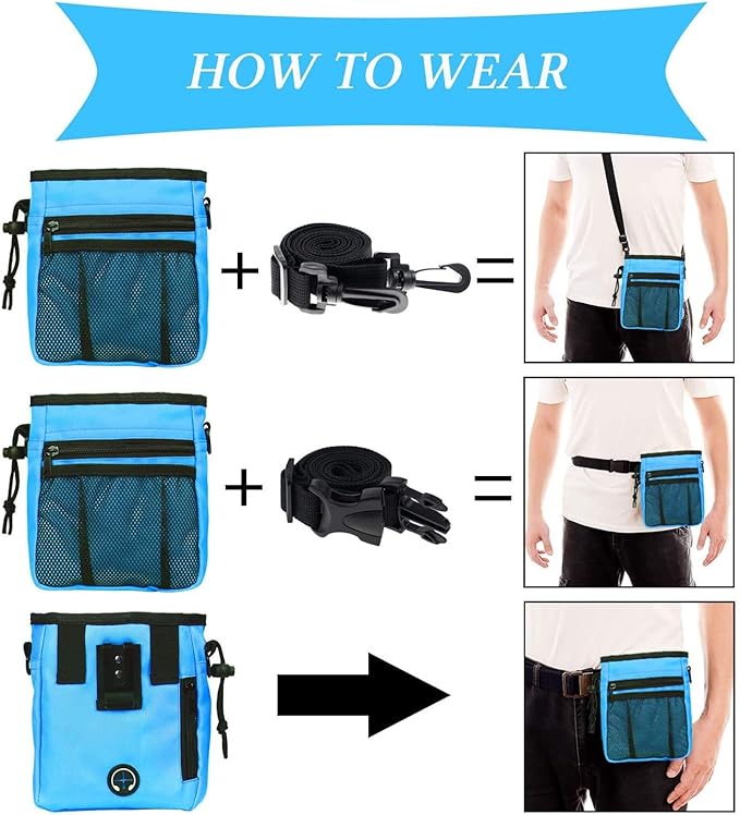 4-in-1 Dog Training Set, Puppy Training Treats- Dog Treat Training Pouch, Dog Whistle, Dog Doorbells, Dog Clicker, Ideal Gift for First Time Pet Owners, Training Dog Owners (Blue)