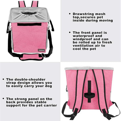 Pet Carrier Bicycle Basket Bag Pet Carrier/Booster Backpack for Dogs and Cats with Big Side Pockets,Comfy & Padded Shoulder Strap,Travel with Your Pet Safety（Pink）