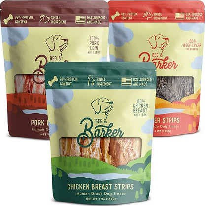 Beg & Barker Chicken, Beef Liver and Pork Jerky for Dogs (4 oz, Pack of 3) - Dog Training Treats - Natural Dog Treats Made in The USA - Grain Free, Diabetic-Friendly, High Protein, Sugar-Free