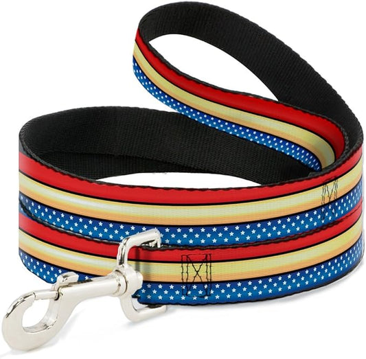 Buckle-Down Dog Leash Wonder Woman Stripe Stars Red Gold Blue White 4 Feet Long 0.5 Inch Wide, Multicolor (DL-WWW031-N)