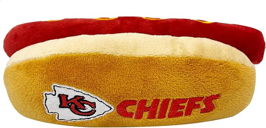 Pets First NFL Kansas City Chiefs HOT Dog Plush Dog & CAT Squeak Toy - Cutest HOT-Dog Snack Plush Toy for Dogs & Cats with Inner Squeaker & Beautiful Football Team Name/Logo 8 x 5 x 3 Inches