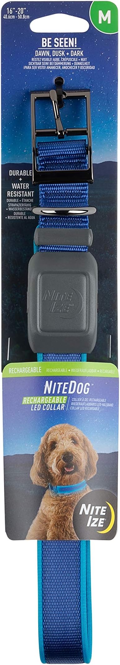 Nite Ize NiteDog Rechargeable LED Collar - Light Up Dog Collar with Durable Metal Buckle - Water-Resistant & Rechargeable Collar - Dog Supplies for Night Activities - Medium, Blue