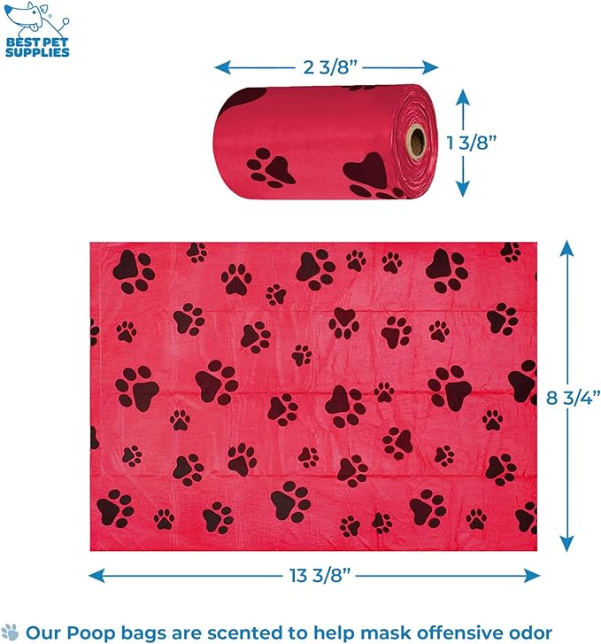 Best Pet Supplies Dog Poop Bag Holder Leash Attachment with 30 Bags, Reusable Dispenser for Travel, Walking, Park, and Outdoor Use, Durable with Clip-On - Red, Pack of 2