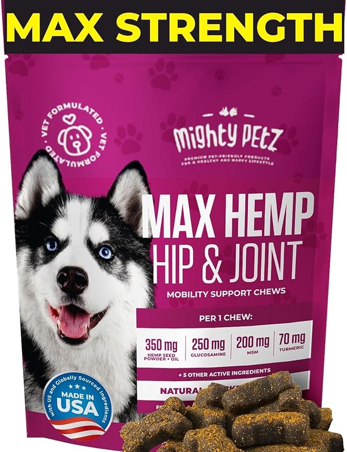 Mighty Petz MAX Hemp Joint Supplement for Dogs - Glucosamine Chondroitin for Dogs. Advanced Mobility Support, Hip & Joint Relief Chews with MSM, Turmeric & Omega-3
