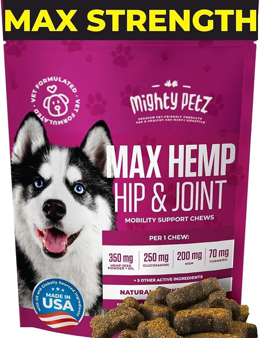 Mighty Petz MAX Hemp Joint Supplement for Dogs - Glucosamine Chondroitin for Dogs. Advanced Mobility Support, Hip & Joint Relief Chews with MSM, Turmeric & Omega-3