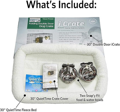 MidWest Homes for Pets iCrate Dog Crate Starter Kit | 30-Inch Dog Crate Kit Ideal for Medium Dog Breeds (weighing 26 - 40 Pounds) || Includes Dog Crate, Pet Bed, 2 Dog Bowls & Dog Crate Cover