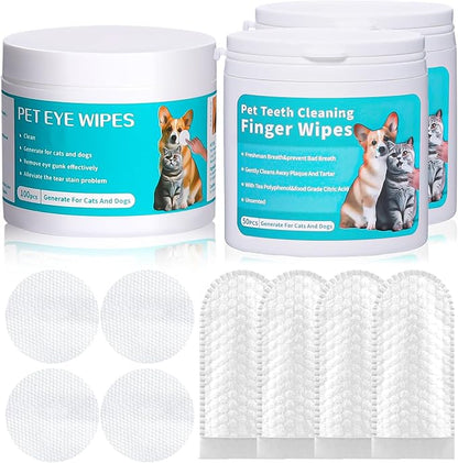 2-Pack Teeth and Ear Cleaner Finger Wipes, Dog and Cat Grooming Kit, Soothing Odor Control, Reduces Dirt and Wax Buildup (1*Teeth Wipes&Ear Wipes&Eye Wipes)