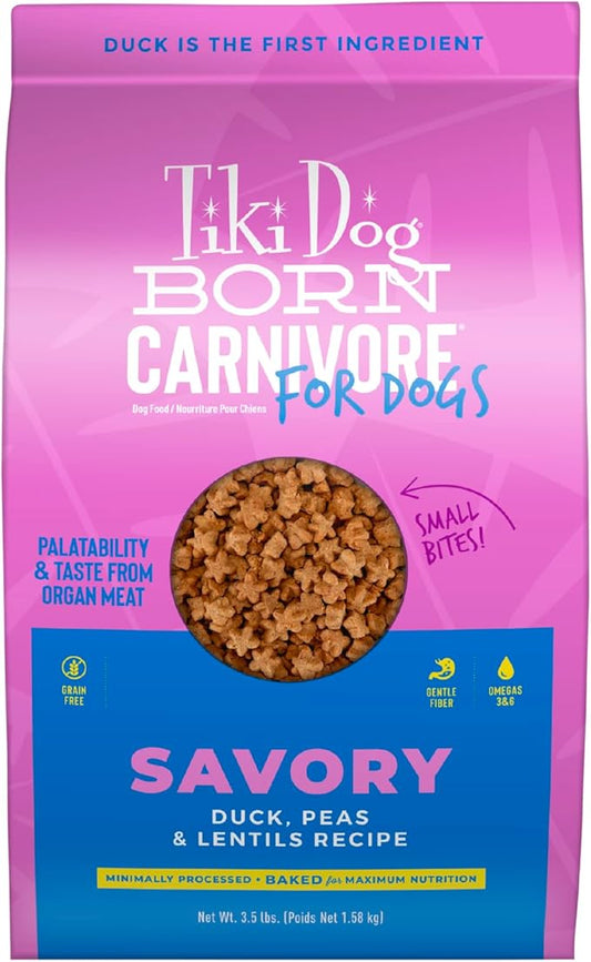 Tiki Dog Born Carnivore for Dogs, Savory Duck, Peas & Lentils Recipe, Grain Free Baked Kibble for Maximum Nutrition, For Adult Dogs and All Size Breed Dogs, 3.5 lbs Bag