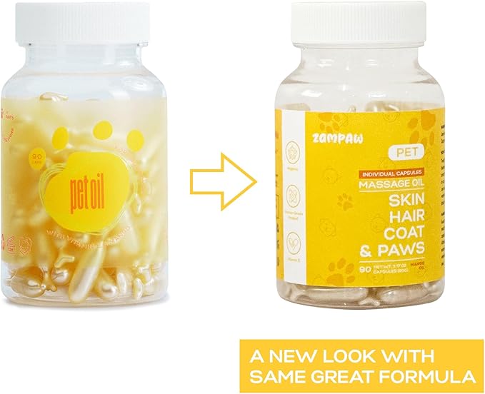 Pet Massage Oil Capsules for Allergies, Dry, Itchy & Irritated Coat & Paws - Healthy Skin & Shiny Coat - 90 Capsules (Mango Scent)