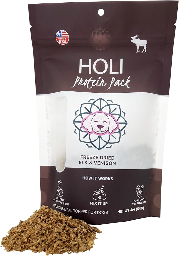 HOLI Freeze Dried Elk and Venison Dog Food Topper - 96% Meat, Wild Caught Free Range - Freeze Dried Dog Food Flavor Enhancer for Picky Dogs – 100% All Natural - 3oz