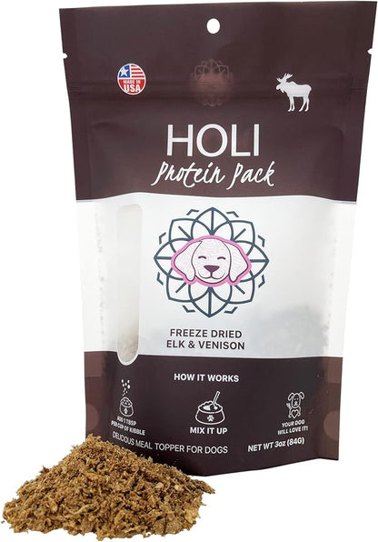 HOLI Freeze Dried Elk and Venison Dog Food Topper - 96% Meat, Wild Caught Free Range - Freeze Dried Dog Food Flavor Enhancer for Picky Dogs – 100% All Natural - 3oz