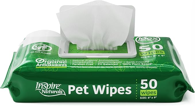 Inspire Naturals Pet Wipes for Dogs and Cats 100% Natural Plant Based with Organic Antioxidants, Dog Wipes Cleaning Deodorizing Cat Wipes | Puppy Wipes | Dog Wipes for Paws and Butt (100ct - 2 Pack)