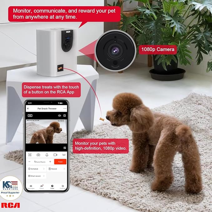 RCA Dog & Cat Smart Camera Treat Dispenser, WiFi-Enabled, 1080p HD Camera, Two-Way Audio, App Control, Compatible with Alexa & Google Assistant – for Small Treats & Kibble