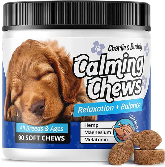 Charlie & Buddy Calming Chews for Dogs, Dog Anxiety Relief, Promote Relaxation, Dog Calming Chews with Melatonin for Dogs, Chamomile, Magnesium Citrate, 90 Soft Chews, Chicken Flavor