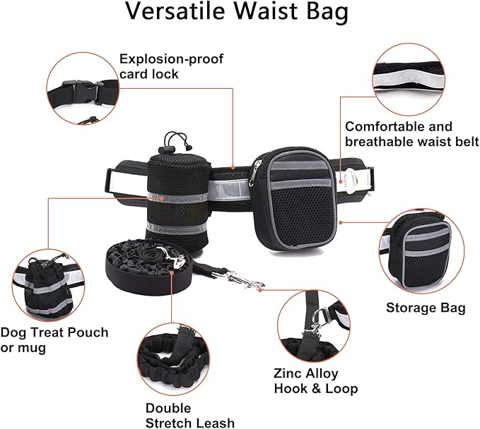 Outdoor Hands Free Dog Leash with Zipper Pouch,Reflective Dog Running Leash Belt Bag Bungee Waist Leash Leash Kit for Medium Large Dogs' Training and Walking Hiking Jogging Biking (Grey)