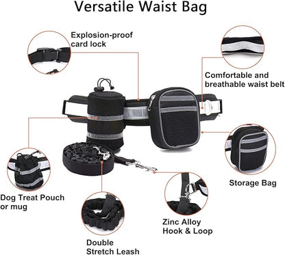 Outdoor Hands Free Dog Leash with Zipper Pouch,Reflective Dog Running Leash Belt Bag Bungee Waist Leash Leash Kit for Medium Large Dogs' Training and Walking Hiking Jogging Biking (Grey)