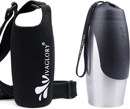 VIVAGLORY 25oz Stainless Steel Water Bottle & Neoprene Bottle Carrier Combo, Dog Drinking Bottles and Water Bottle Holder, Great for Hiking & Traveling with Pets
