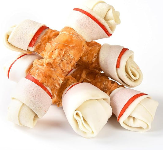 ASMPET Dog Chews Long Lasting, 6.5" Knotted Dog Bones Dog Chew Treats, Human Grade Chicken Wrapped Rawhide Bones for Large Dogs Natural Dog Treats Small Dogs for Medium Dogs Puppy Chew Bones