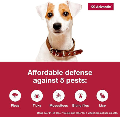 K9 Advantix Flea, Tick & Mosquito Prevention for Dogs 21-55 lbs. | Flea Drops for Large Dogs | Apply Monthly | 2 Treatments