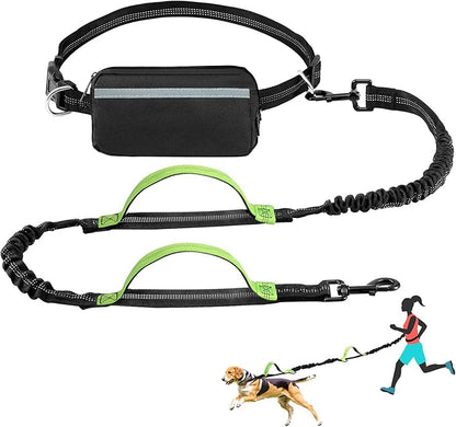 Hands Free Dog Leash with Zipper Pouch, Waist Dog Running Leash with Adjustable Waist Belt and Dual Handle, Reflective Bungee Hands Free Leash for Medium to Large Dogs (Fluorescent green)