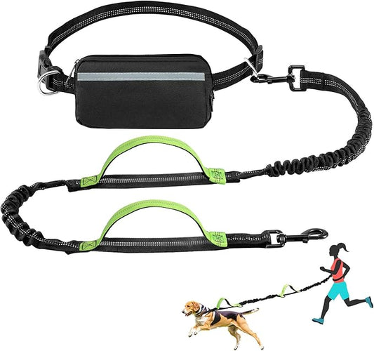 Hands Free Dog Leash with Zipper Pouch, Waist Dog Running Leash with Adjustable Waist Belt and Dual Handle, Reflective Bungee Hands Free Leash for Medium to Large Dogs (Fluorescent green)
