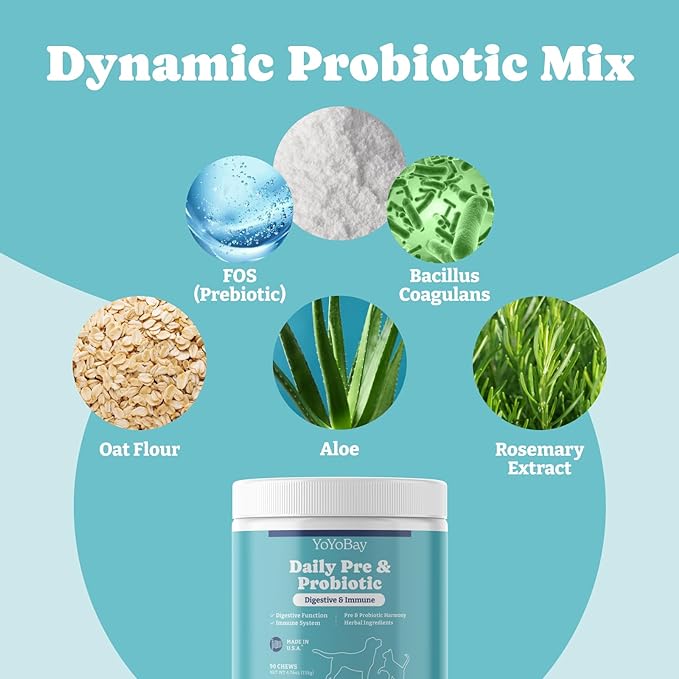 Probiotics for Dogs, Daily Dog Probiotics and Prebiotic with Natural Ingredients, for Gut Health and Digestive Health, Support Immune System, Maintain Skin & Coat Health, Duck Flavor, 90 Soft Chews