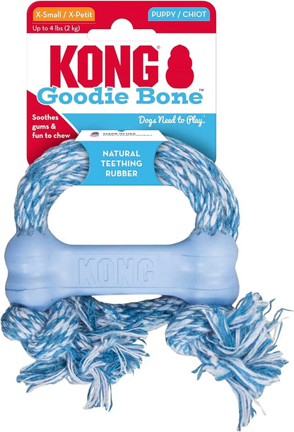 KONG Puppy Goodie Bone with Rope - Dog Chew Toy for Puppies - Natural Rubber Bone Toy with Cotton Rope - Teeth Cleaning Toy for Growing Puppies - for XS Puppies - Blue
