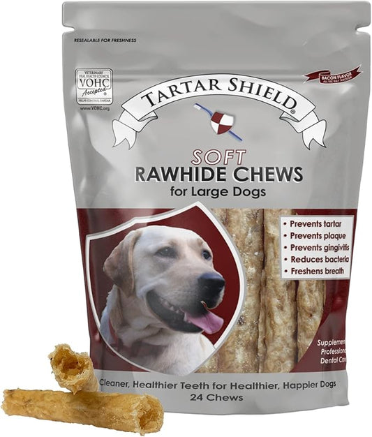 Soft Rawhide Chews | Safe Dental Treats for Large Dogs | Vet VOHC Approved | Daily Bone Cleans Teeth & Gums Fresh Breath Oral Health Support | USA Made | (Large Dogs / 24 Count)