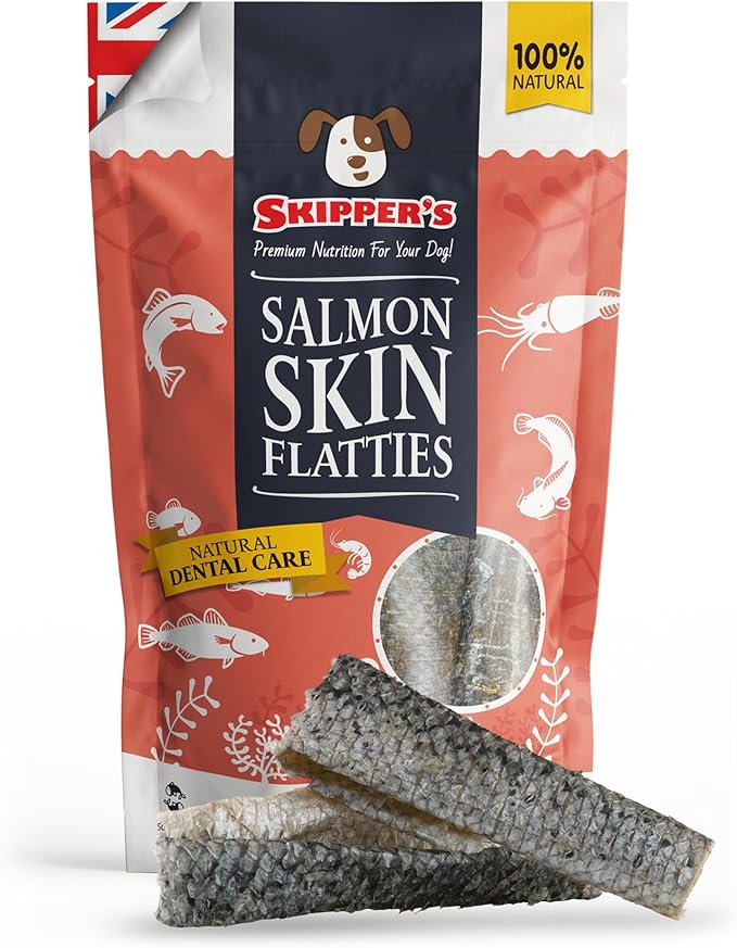 SKIPPER'S Salmon Fish Skin Flatties - Dental Chews for Dogs, Long Lasting Natural Dog Treats, Healthy Pet Supplies Support Skin Coat & Joint Function | Salmon Fish Dried Flatties Dog Food (3.5Oz)
