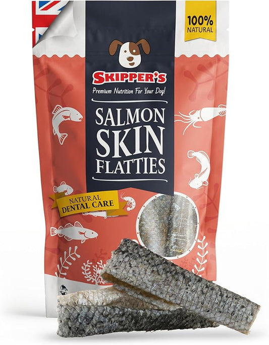 SKIPPER'S Salmon Fish Skin Flatties - Dental Chews for Dogs, Long Lasting Natural Dog Treats, Healthy Pet Supplies Support Skin Coat & Joint Function | Salmon Fish Dried Flatties Dog Food (3.5Oz)