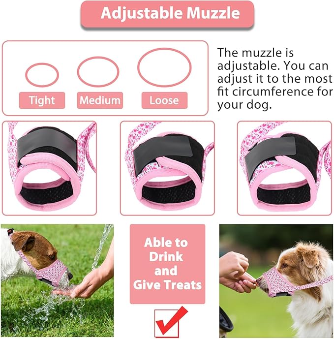 LUCKYPAW Dog Muzzle, Soft Dog Muzzles for Small Medium Large Dogs, Breathable Muzzles to Stop Biting and Chewing with Pattern, Allows Panting and Drinking(Pink Flamingo,S)