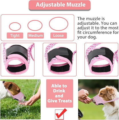LUCKYPAW Dog Muzzle, Soft Dog Muzzles for Small Medium Large Dogs, Breathable Muzzles to Stop Biting and Chewing with Pattern, Allows Panting and Drinking(Pink Flamingo,S)